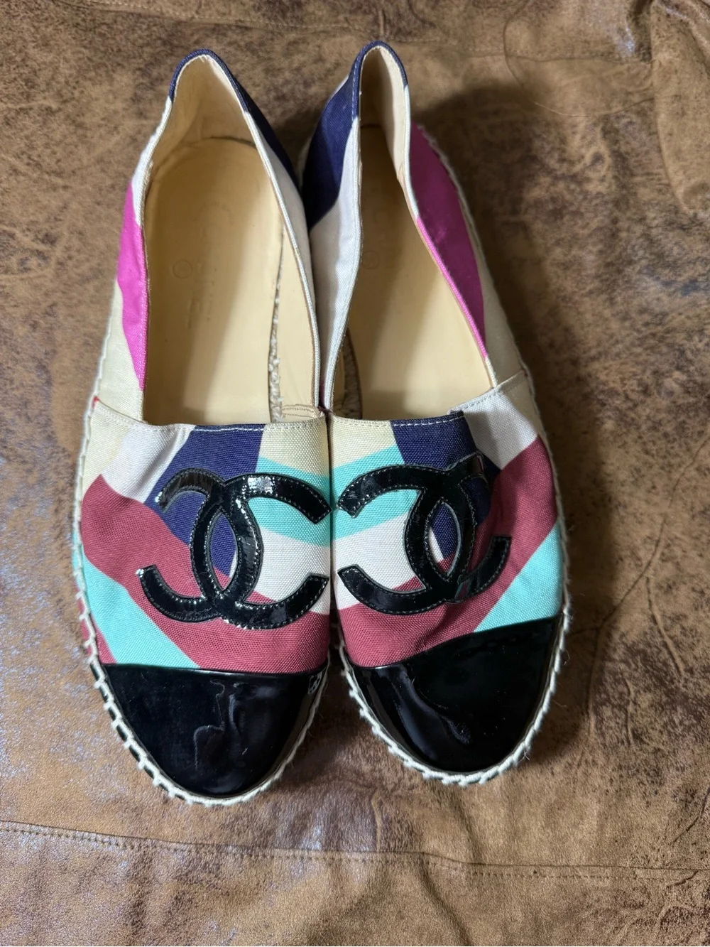 26. CHANEL Multicolor Canvas Espadrilles with Black Patent Cap